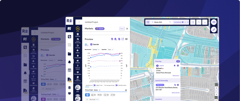 Core market research workspace with property data charts and a planning and ownership map