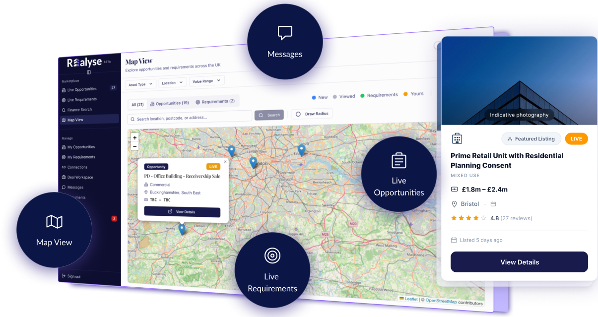 Marketplace map view showing live opportunities, requirements and a property listing