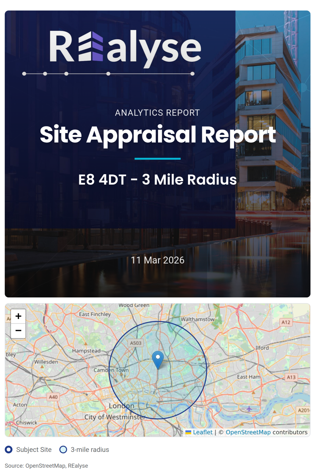 Site Appraisal Report cover for E8 4DT and its three-mile radius locator map