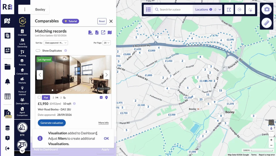 Core Comparables screen showing rental property records beside a Bexley street map with rent markers