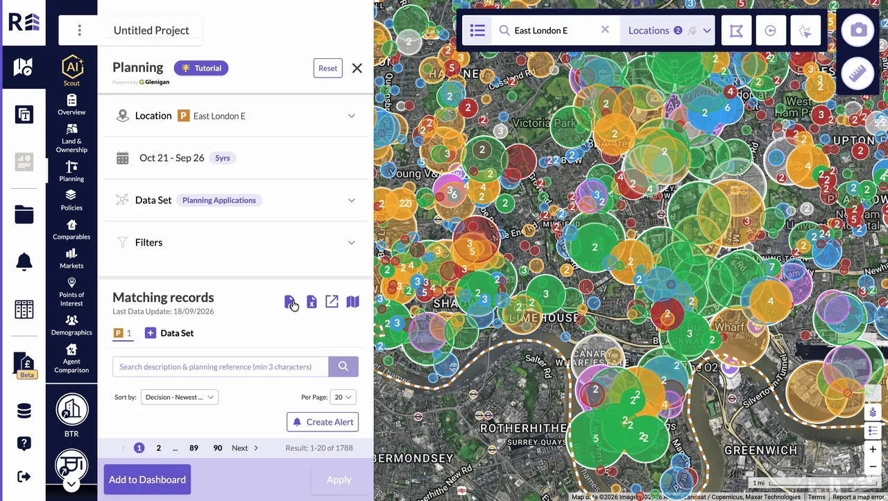 Core Planning screen showing matching planning records beside a satellite map covered with colour-coded location markers in East London