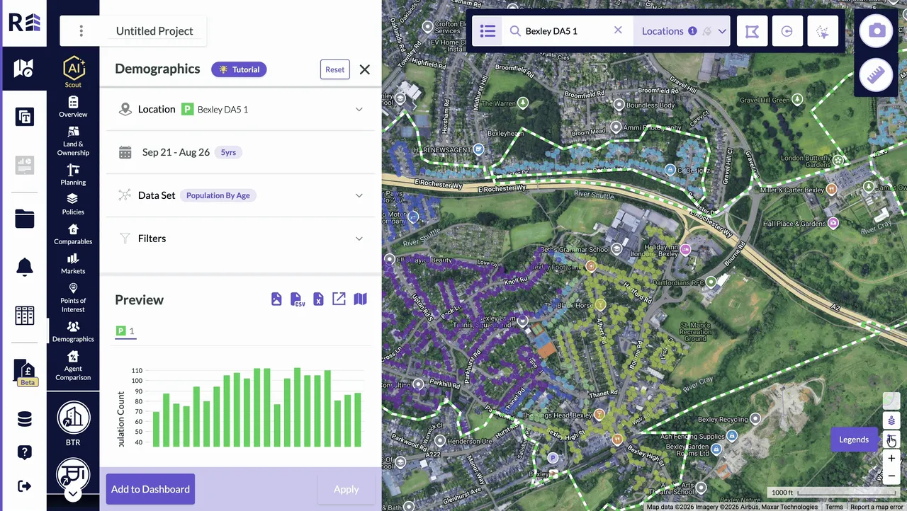 Core Demographics screen showing a green bar-chart preview beside a satellite map of Bexley with coloured area overlays