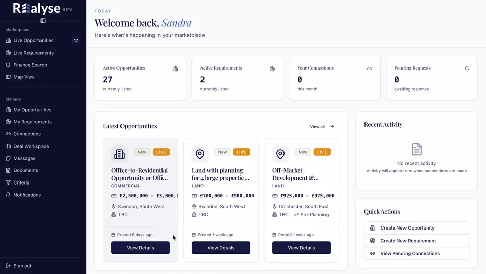 Marketplace dashboard showing active opportunity and requirement counts, latest opportunity cards and quick actions