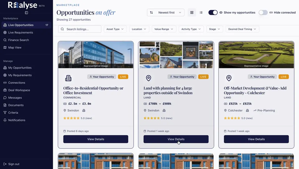 Marketplace Live Opportunities screen showing property opportunity cards with search and listing filters