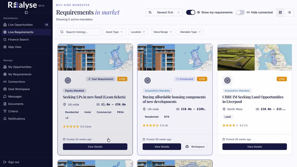 Marketplace Live Requirements screen showing acquisition and equity mandate cards with search and listing filters